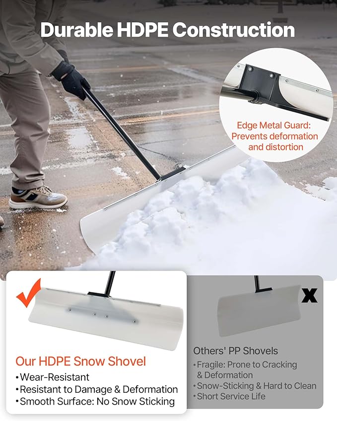 VEVOR Snow Pusher, 36 inch Wide Push Snow Shovel Plow for Driveway, Sidewalks and Doorways with Segmented Handle, Ergonomic Grip and HDPE Plastic Blade