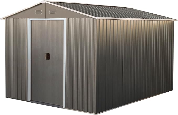 Sheds & Outdoor Storage 8ft x 10ft Metal Storage Shed with Metal Foundation, Gloves, Anchors, Tools Garden Tool Storage Cabinet with Secure Sliding Doors with Padlock for Backyard, Patio, Gray