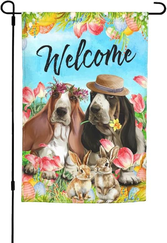 Happy Easter Basset Hound Dog Flowers Eggs Bunny Garden Flag Welcome Party Outdoor Outside Decorations Picks Home House Garden Yard Decor 12x18 Inch