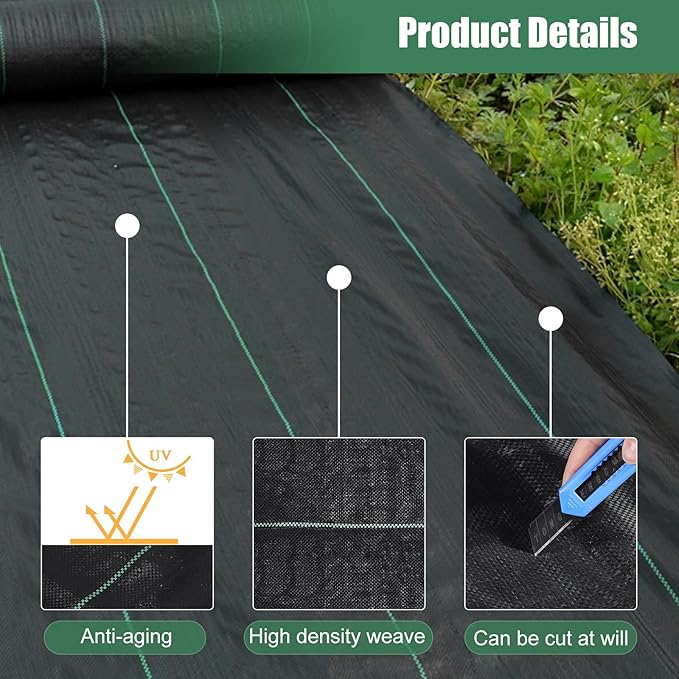 4 x 100FT Garden Weed Barrier Landscape Fabric Heavy Duty Weed Fabric Barrier Premium Garden Ground Cover Weed Control Mat with 30 U-Shaped Securing Pegs for Garden Farming Ground (4 x 50FT 2 Pack)