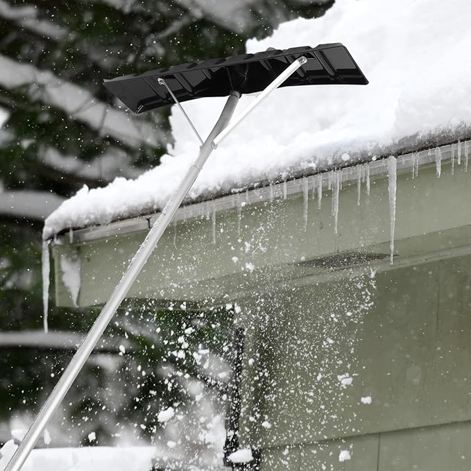 Gisafai Snow Roof Rake Snow Removal Tool with 5 Section Tubes 25 Inch Blade Adjustable 4.8-20 ft Reach Aluminum Shovel Rugged Slide for Single Cabins Car Roof(Black)