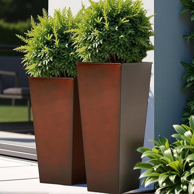Worth Garden Large Metal Glazed Planter Set of 2 (25" + 28"), Luxurious Glossy Finish Red Tall Square Tapered Steel Plant Pot, Decor Flower Pot Indoor & Outdoor, Drainage Hole & Dual-Purpose Saucer