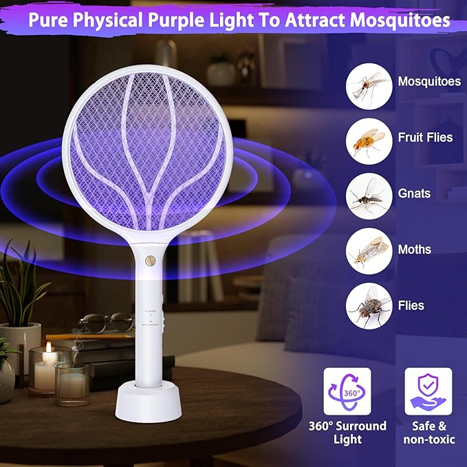 Electric Fly Swatter Racket 3000V Bug Zappers 2 in 1 Mosquito Zappers USB Rechargeable, 1200mAh Mosquitoes Killer Lamp & Fly Zappers with 3 Layer Safety Mesh for Home, Bedroom, Kitchen, Patio (2 Pack)
