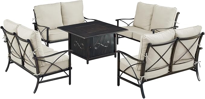 Oakland Living AHRI-4LS-REGIS-LGCU-AC Black Aluminum Patio Fire Table Set with Four Deep Seating Loveseat with Cushions, Antique Copper