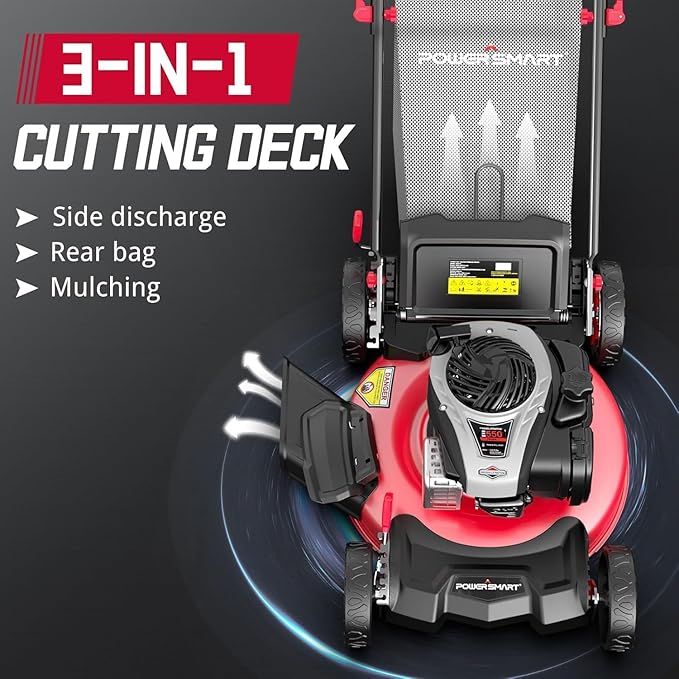 PowerSmart 21" 3-in-1 Gas Push Lawn Mower with 140cc 4-Stroke Engine - Wide Cutting Deck, 6 Height Adjustments, Mulching Capability