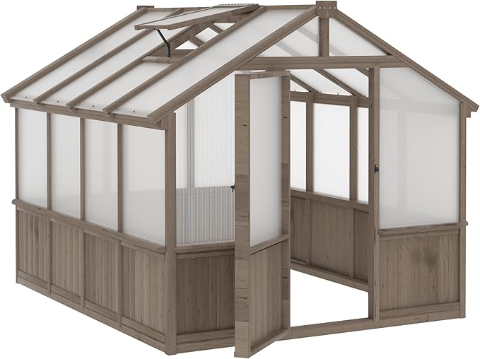 VEIKOU 8’x8’ Greenhouses for Outdoors, Walk-in Wood Greenhouse with Cedar Frame & Adjustable Vents, Garden Green House with 6MM Thick Polycarbonate Panel for Outside, Backyard, Light Brown Mocha