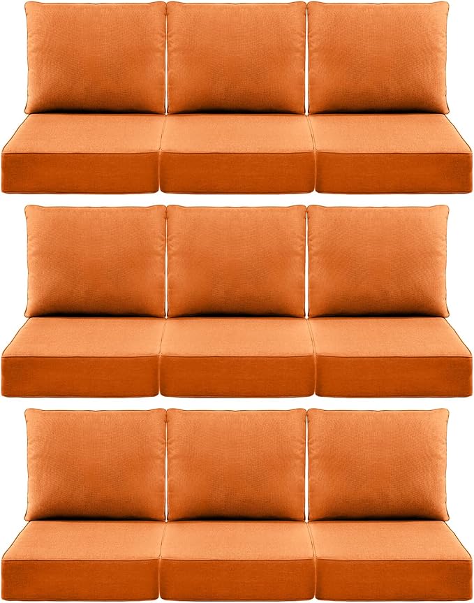 Luxury 6" Outdoor Cushions for Patio Furniture, 24x24x6 Thick Seat Cushion Set of 9, Fade Resistant Couch Chair Replacement Cushions High Density Deep Wicker Chair Cushion w/Removable Cover, Orange