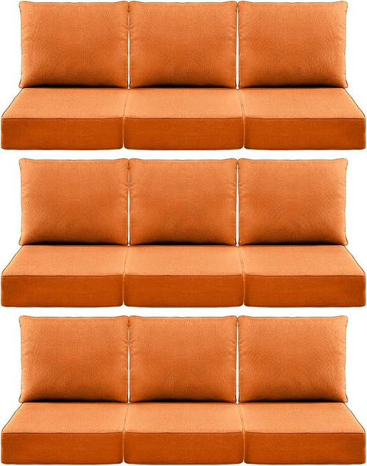 Luxury 6" Outdoor Cushions for Patio Furniture, 24x24x6 Thick Seat Cushion Set of 9, Fade Resistant Couch Chair Replacement Cushions High Density Deep Wicker Chair Cushion w/Removable Cover, Orange