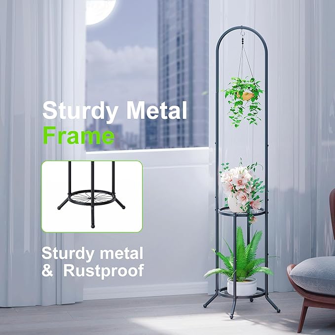 2-tier Hanging Plant Stand Plant Hanger Indoor Outdoor Corner Plant Stands for Indoor Plants, Space-Saving Iron Planter Shelves, Multiple Flower Pot Display Holder Shelf with Hanging Hook, Indoor Outdoor Heavy Duty Planter Shelving Unit (n-style,Black)