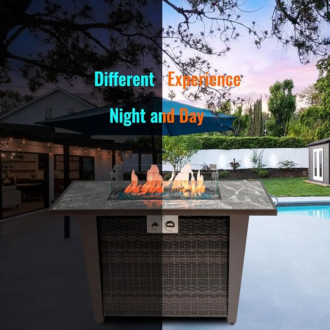 42'' Propane Fire Pit Table, Marble Tile Ceramic Tabletop with Glass Wind Guard, 50,000 BTU Fire Table with Inclined Leg and Art Powder Design, Blue Glass Rocks, Including Lid&Cover, Brown