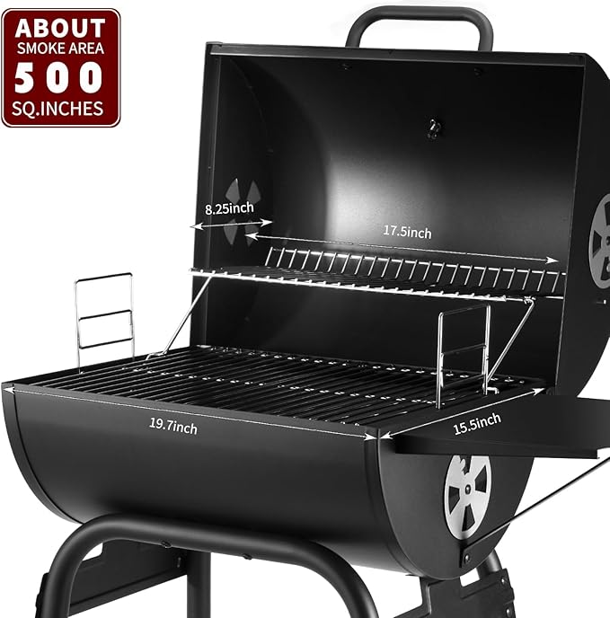 Charcoal Grill Outdoor BBQ Grill, Barrel Charcoal Grills with Side Table, with Nearly 500 Sq.In. Cooking Grid Area, Outdoor Backyard Camping Picnics, Patio and Parties, Black