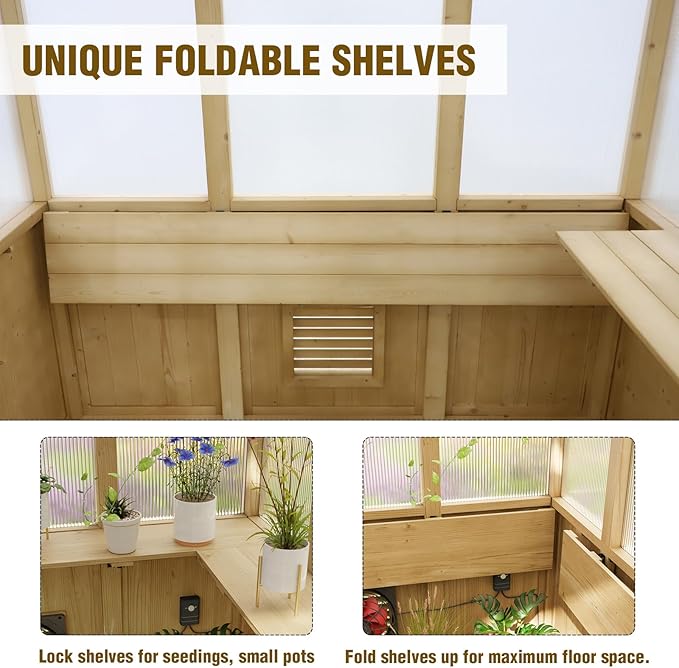 EAGLE PEAK 6.7x7.8x7.7 ft Wood and Polycarbonate Walk-in Greenhouse, Cedar Hobby Green House with Roof Vent, Natural