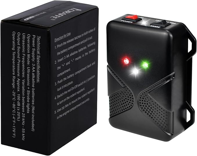 Ultrasonic Rodent Repellent for Car Engine – Battery Powered Under Hood Mouse Repeller with Flashing Strobe Light, Keeps Rats and Mice Away from Vehicle, Automobile, Truck, Garage, Attic, Barn, Shed