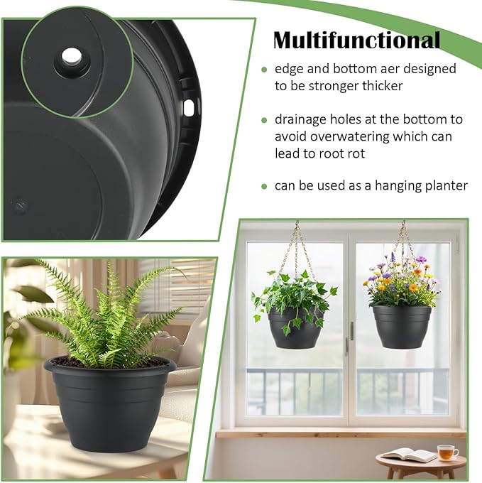 Plant Pots Set of 5, 10" Outside Diameter Flower Pots, 8.5" Inner Diameter Planters with Drainage Hole, Durable Perfect for Indoor & Outdoor Plant Planting, Decor, Black