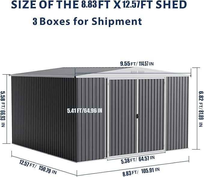9x12 Shed for Outdoor Storage, Galvanized Steel Metal Tool Sheds House with Lockable Doors, Lock & Air Vent, Large Utility Sheds for Patio Garden Lawn (9x12.6, Grey)