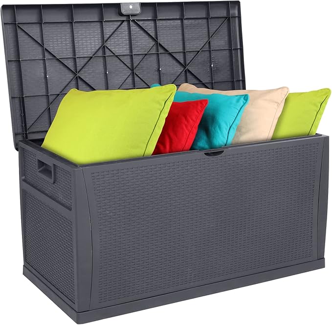 VINGLI Upgraded 120 Gallon Outdoor Storage Box, Lockable Plastic Storage Containers with Lid, Rattan Grain Surface Deck Box Patio Furniture for Garden, Pool, Balcony, Yard (Grey)