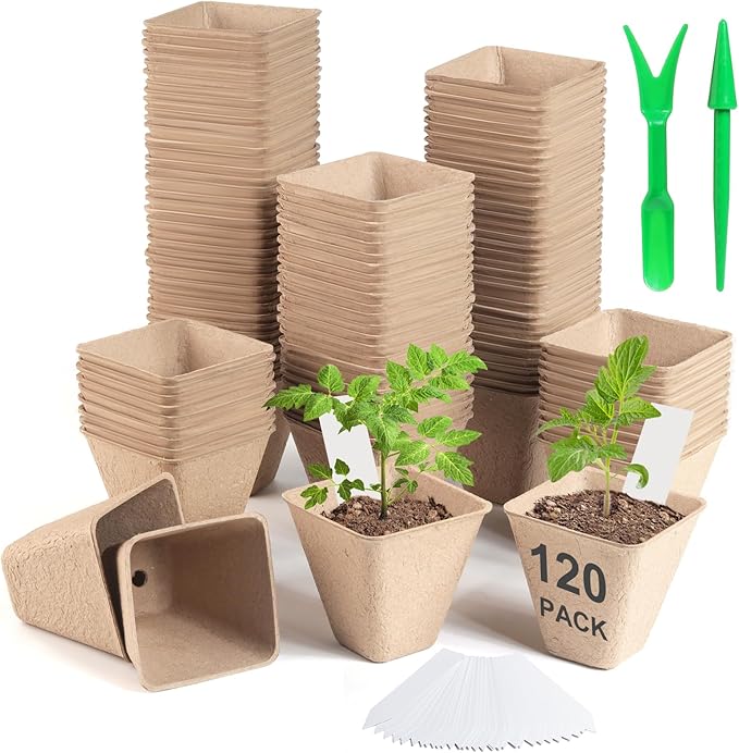 120 Pack 3.15 Inch Square Peat Pots for Seedlings, Seed Starting Pots with Drainage Holes Nursery Pot, Herb Seed Starter Pot Kits wit 30 Plant Labels, 2 Transplant Tools.