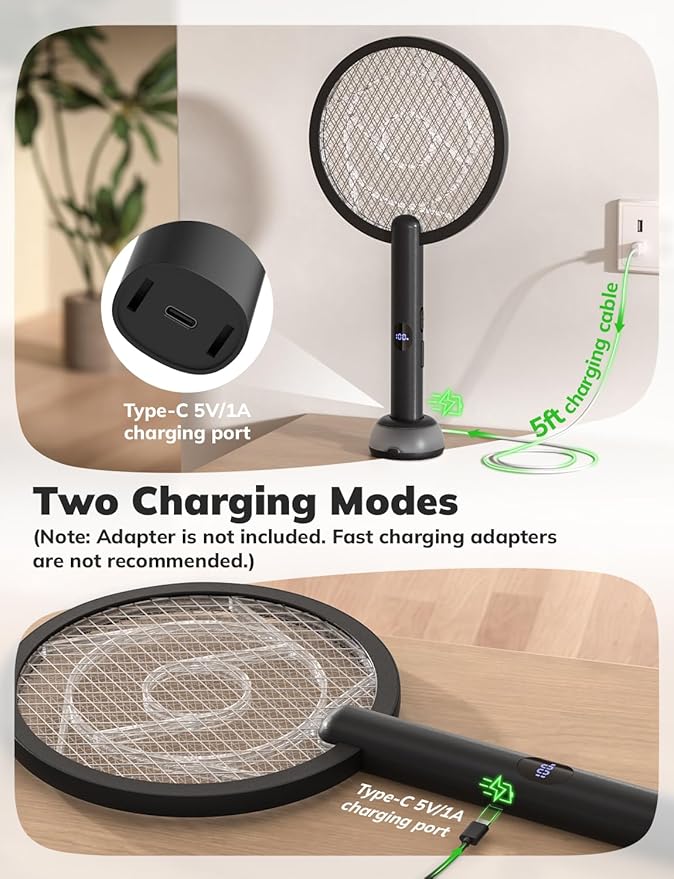 YISSVIC Electric Fly Swatter Bug Zapper Racket 4000V LED Screen Dual Modes Fly Zapper Rechargeable for Indoor Home Office Backyard Patio Camping