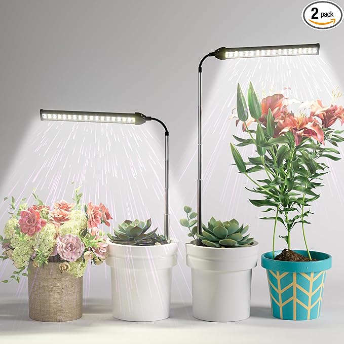 LED Grow Light 2 Pack, 6000K White Full Spectrum 144 LED Gooseneck Growing Lamp for Indoor Plants Growth,4 8 12 18Hrs Timer & Brightness Changeable,Insert Pole Extendable 4-10''