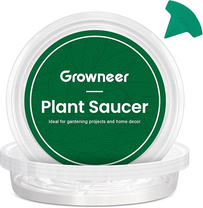 GROWNEER 15 Packs 10 Inches Clear Plant Saucers Flower Pot Trays, with 15 Pcs Plant Labels, Plastic Plant Saucer Drip Trays for Indoor Outdoor Plants Garden