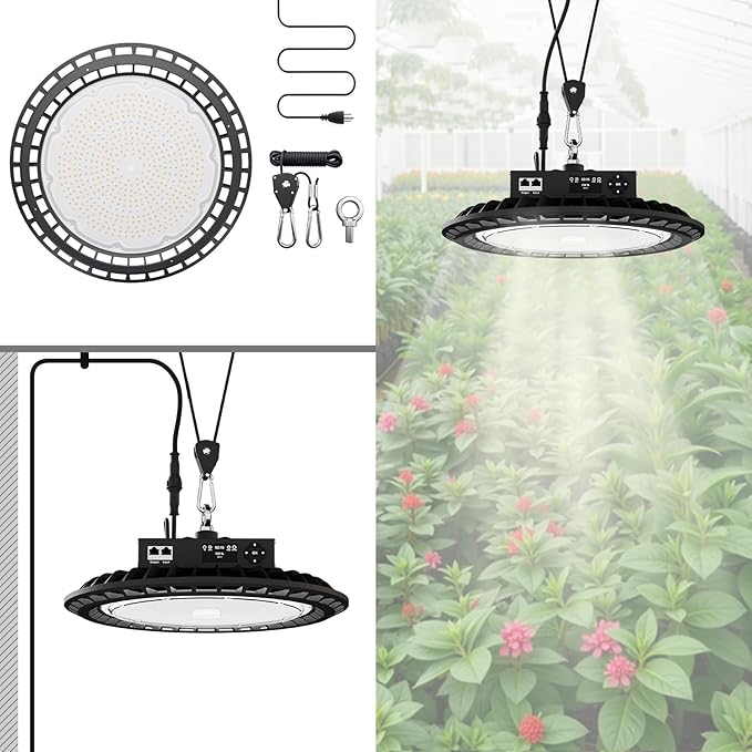 Hanging Grow Light for Indoor Plants, Full Spectrum LED, 200W High PPFD, Dimmable with Timer & Daisy Chain, IP65 Waterproof Grow Light, Ideal for Seed Starting, Vegetables, Bloom