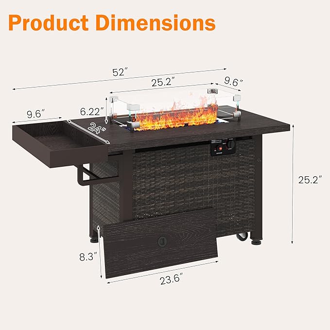 52 Inch Wicker Outdoor Fire Table, 50,000BTU Propane Fire Pit Table with Windshield, Side Basket, Rain Cover and CSA Certified, Patio Fire Pit for Garden, Backyard, Balcony, Poolside, Brown