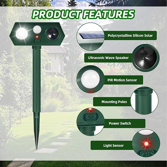 2Pack Ultrasonic Animal Repellent Outdoor Solar Animal Repeller witht Motion Sensor&LED Strober Ligh Cat Deterrent Outdoor Deer Repellent Device to Scare Skunk Rabbit Fox Dog Raccoon Squirrel 2025