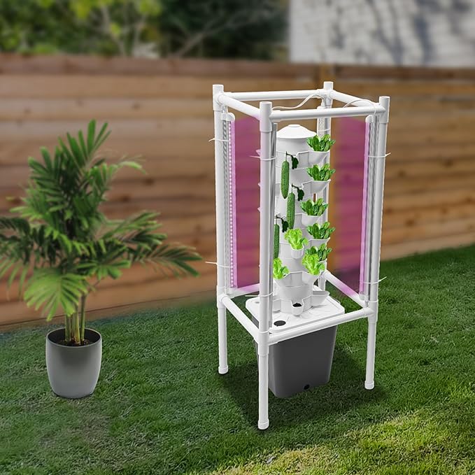 Hydroponics Growing System Kit, 6 Layers 30 Holes Indoor Gardening System Vertical Planter Germination Kit w/Water Pump, Hydroponic Natural Balanced Tower System for Chilies, Mint (Gray)