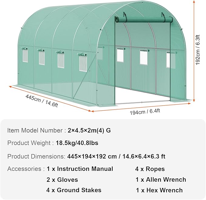 VEVOR Walk-in Tunnel Greenhouse, 14.6x6.4x6.3 ft Hoop House Greenhouse Tunnel, Plant Hot House with Galvanized Steel Frame, Green PE Cover, Roll-up Zipper Door and 8 Windows for Outdoor