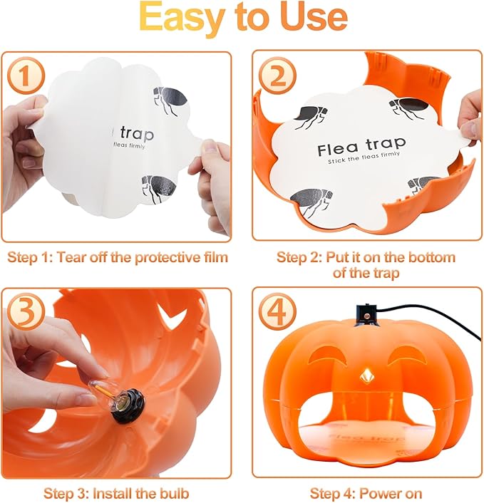 Flea Traps for Inside Your Home, 2 Packs Indoor Flea Killer Trap with Light & Switch Safe for Kid & Pet, Pest Control Trapper House Insect Killer Bed Bug Trap, Pumpkin