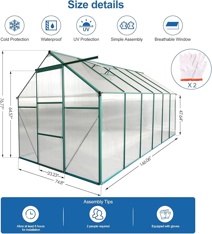 6x12 FT Greenhouse, Outdoor Polycarbonate Hot House, Garden Plants Green House with Raised Base, Sliding Door and Adjustable Vent Roof for Outdoor Patio, Green