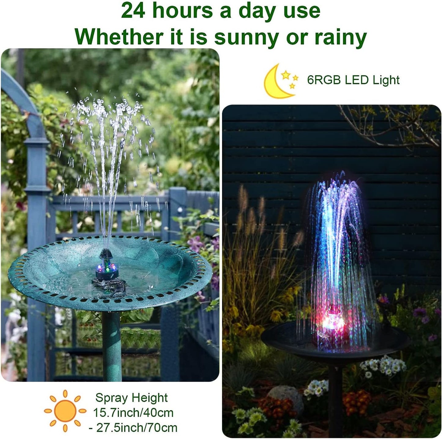 24-Hours Working Bird Bath Fountains Electric, Adjustable Quiet Water Fountain Pump with LED Lights for Garden,Small Fish Tank, Pond,Water Features - 7 Nozzles,16.4Ft Power Cord