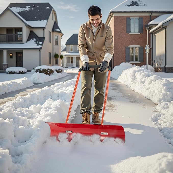 VEVOR 38-inch Snow Pusher Shovel with Wheels, Bi-Directional Heavy Duty Wheeled Push Snow Shovel for Driveway and Sidewalks with Angeled Blade
