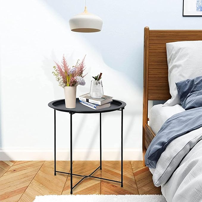 Garden 4 you End Table 2 PCS Metal Side Table Black Round Folding Tray Cyan Sofa Small Accent Fold-able Table, Round End Table Tray, Next to Sofa Table, Snack Table for Living Room and Bed Room