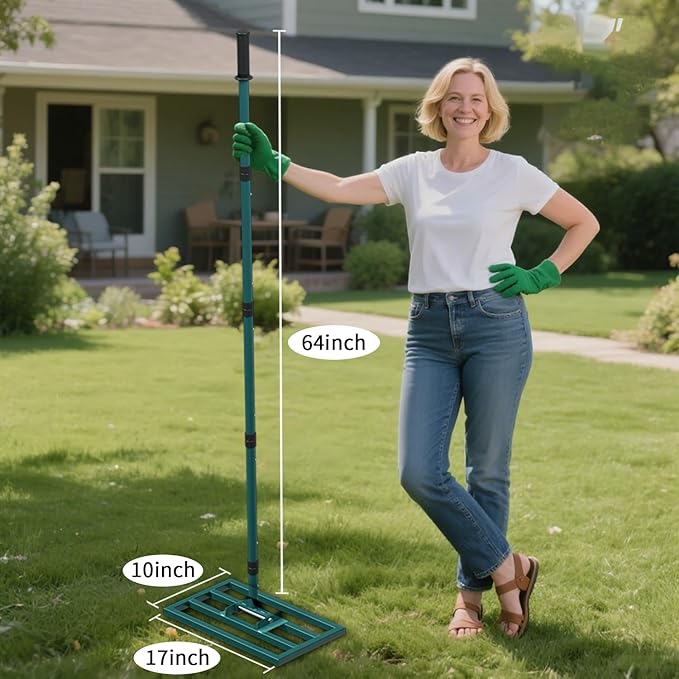 Lawn Leveling Rake Stainless Steel Leveling Rake 17”x10” Reinforced Welds with 64” Adjustable Long Handle Leveler Tool for Soil, Ground,Backyard Dressing,Golf Field,Garden Tools Grass Seed