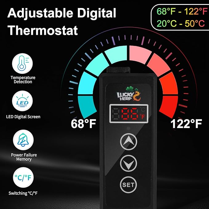 LUCKY HERP Reptile Heating Pad 16W 8X12 Inch with Thermostat, Under Tank Heater Terrarium Warmer Heat Mat and Digital Thermostat Controller for Hermit Crab, Turtles Lizards, Reptile