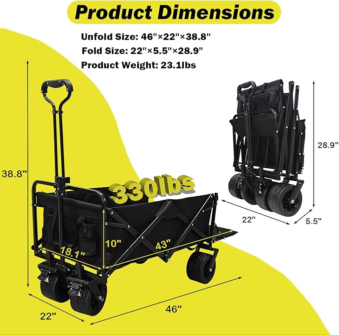 Collapsible Folding Wagon with Tailgate, Extra Long Extender Cart, Large Capacity Folding Garden Wagon, Heavy Duty Utility Carts for Shopping, Beach, Garden, Sports, Outdoor