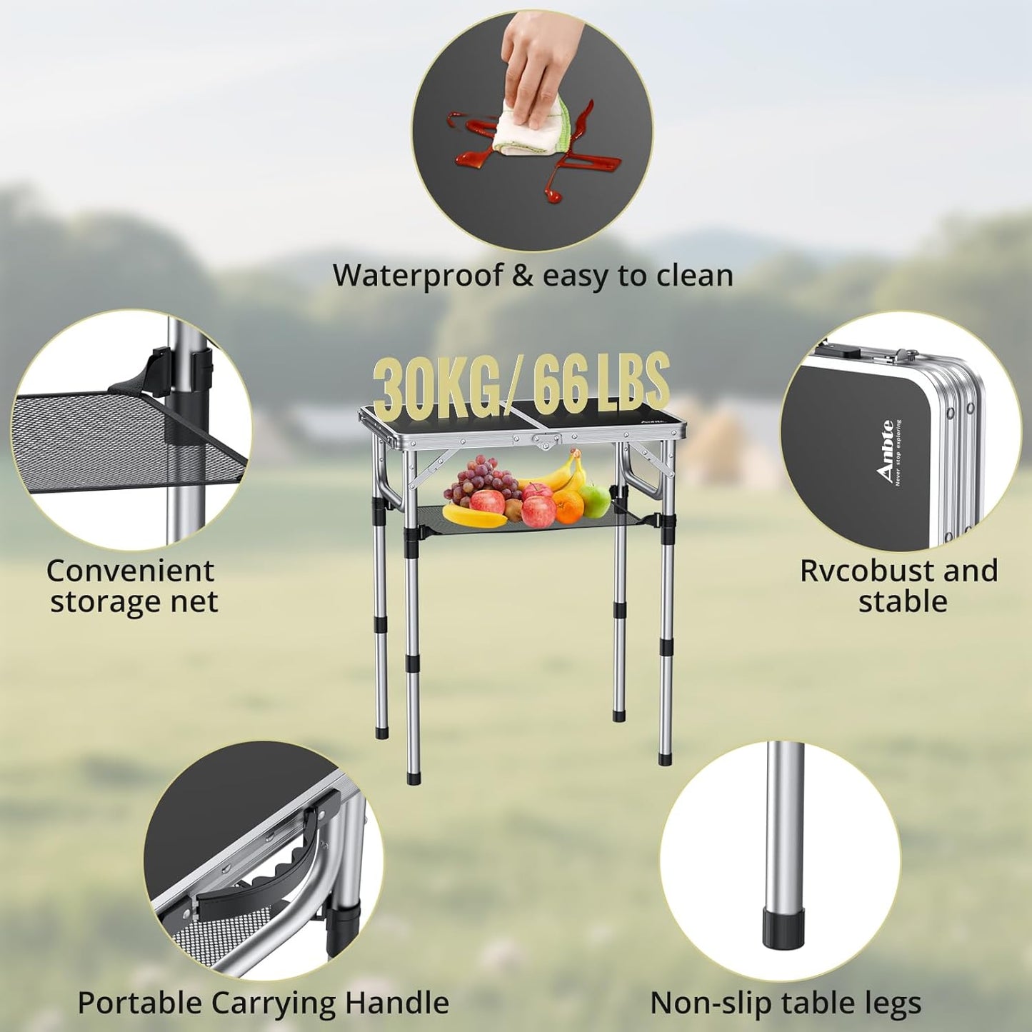 Folding Camping Table, Aluminum 24" x 16" Adjustable Height Small Folding Table with Carrying Handle, Lightweight, Portable Camping Table Waterproof for Outdoor Indoor Picnic Beach BBQ (Black)