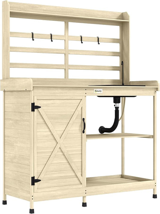 Outsunny Outdoor Wooden Potting Bench Table with Sink and Water Tap, Garden Workstation with Storage Cabinet, Storage Shelves for Backyard, Patio, Balcony, Natural