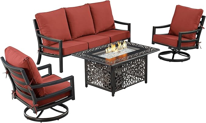 Oakland Living Black Aluminum Patio Fire Table Set with Deep Seating Sofa with Cushions and Two Club Chairs with Red Cushions