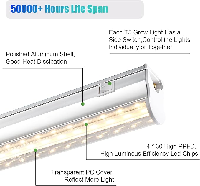 1FT T5 4-Pack Grow Lights for Indoor Plants, 3000K Warm Full Spectrum LED , Plant Grow Lamps with Side Switch, Suitable for Greenhouse Seed Starting, Vegetables, Plug and Play, Easy Installation