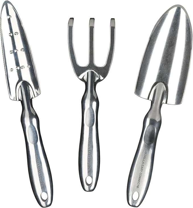 Heavy Duty Garden Tools with Digging Trowel, Transplant Trowel and Cultivator Hand Rake Solid One Piece Cast Aluminum Construction