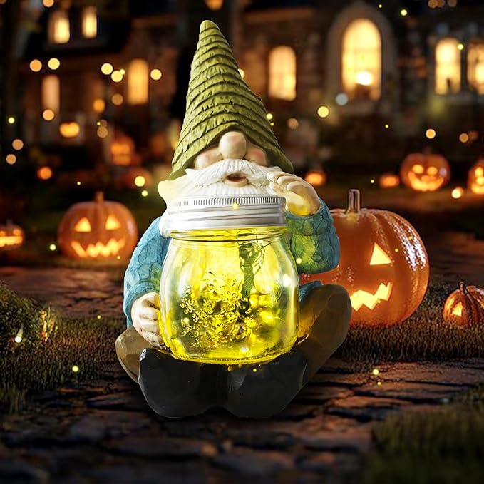 Solar Firefly Jar Gnome Waterproof- Halloween Large Garden Gnome Funny Solar Outdoor LED Lights Resin Statues 10.6" Lantern Figurines Decorations Birthday Gifts for Mom Women-Housewarming Gifts