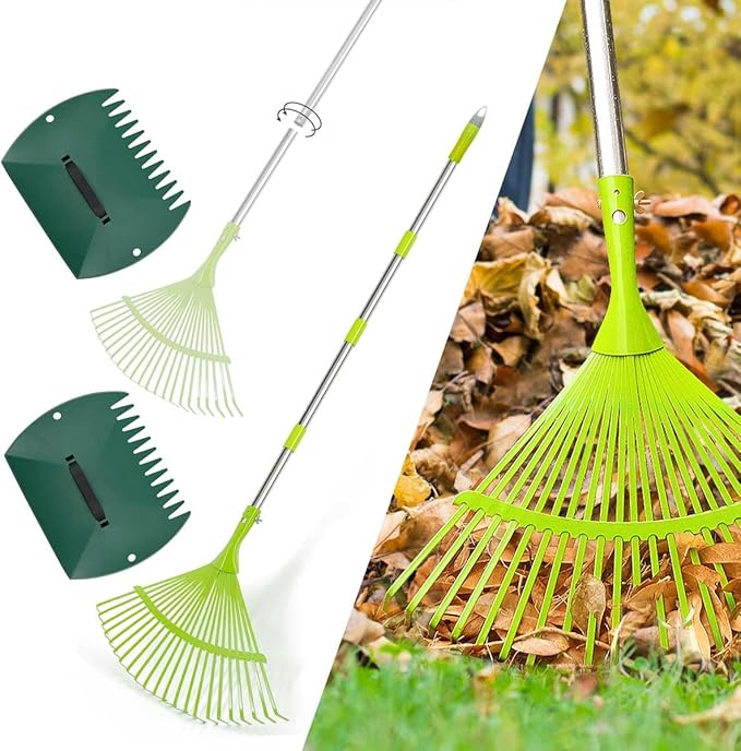Metal Leaf Rake, 65" Long Handle Garden Rakes Lightweight, Lawn Rake with 24 Teeth Wide Steel Tines, Leaf Scoop Grabbers for Leaves, Debris,Grass, Pine Needles Pick