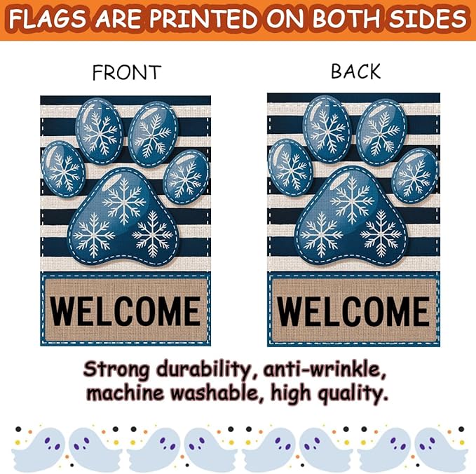 Fokongna Winter Welcome Garden Flag, Dog Paw Print Winter Christmas Decor Garden Flag, 12x18 Inch Burlap Vertical Double Sided Flags, for Home Yard Outside Decorations
