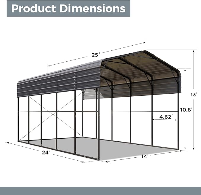 GREEN PARTY 14 x 25 ft Metal RV Carport Kits with Galvanized Steel Roof, Heavy Duty 2 Car Outdoor Car-Shed Canopy, Car Tent Metal Garage Shelter for RV, SUV, Truck, Tractors and Boats, Gray