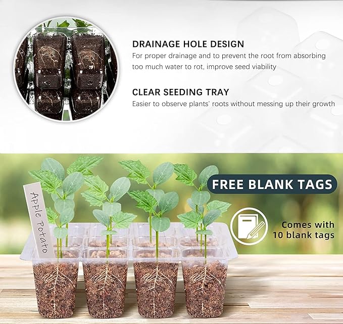 Seedling Starter Trays 5 Packs Seed Starter Tray with Grow Light, Smart Controller Seed Starting Trays Kit with Humidity Dome (60 Cells) Indoor Gardening Plant Germination Trays Black