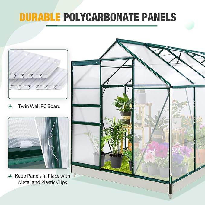 EAGLE PEAK 10x6x7 Outdoor Walk-in Hobby Greenhouse with Adjustable Roof Vent, Rain Gutter, Base and Anchor, Polycarbonate Aluminum Green House for Backyard Garden, Dark Green