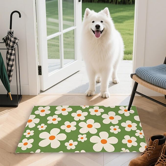 Door Mat,70s Groovy Flowers Welcome Mat Indoor,Green Floral Non-Slip Outdoor Entry Mat for Home Entryway, Low Profile Floor Rugs for Entry Patio, Porch, Hallways 30 x 17 Inch