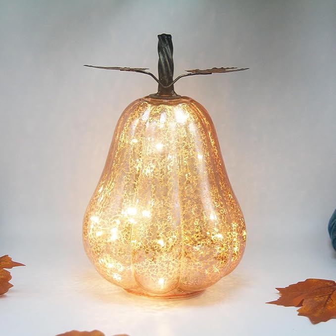 Mercury Glass Pumpkin Lights with Timer, Battery Operated Led Pumpkin Lights for Halloween Fall,Thanksgiving Rustic Decor (Rosegold Leafy, 9")